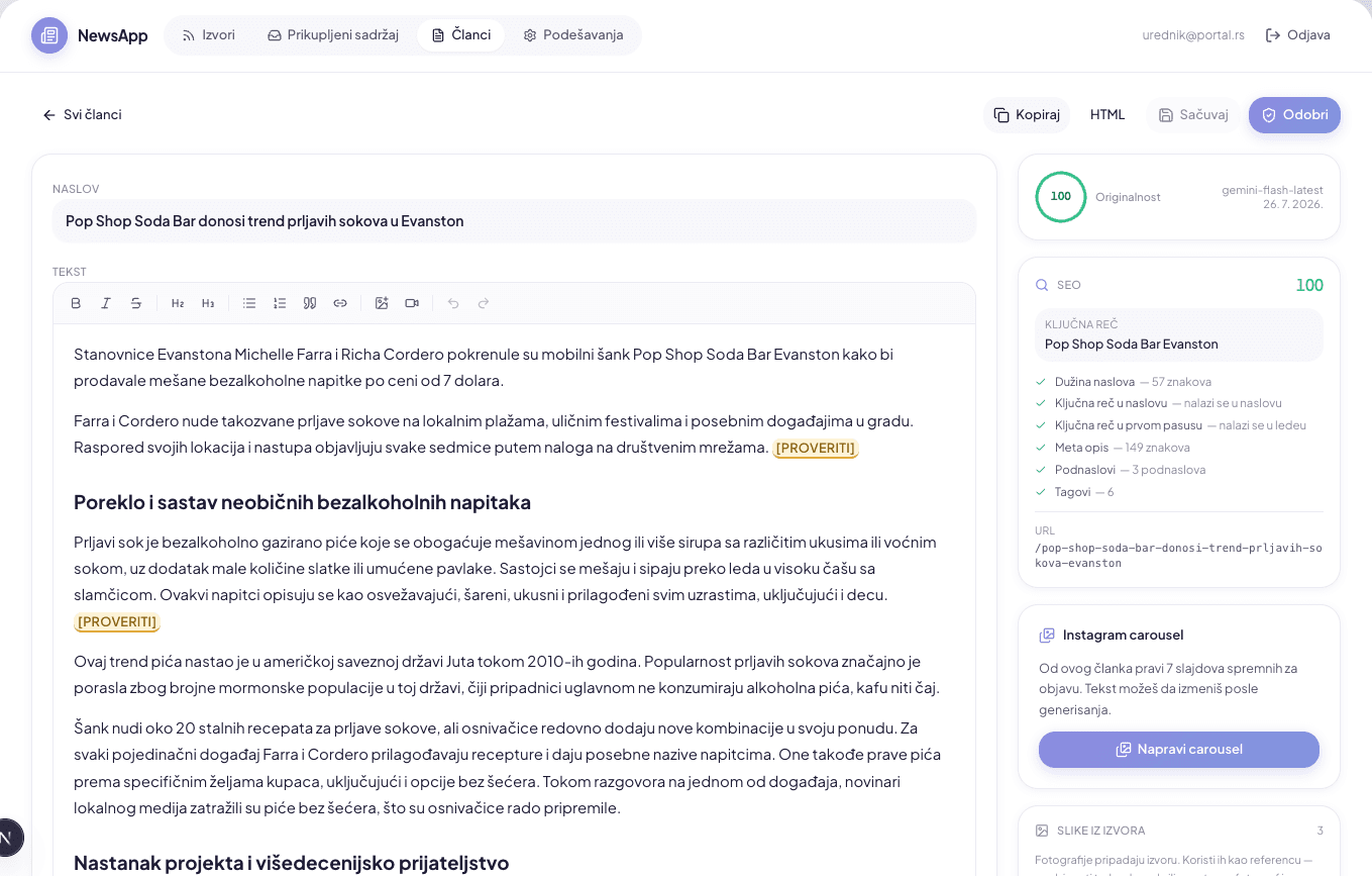 Editor članka sa ocenom originalnosti i SEO panelom